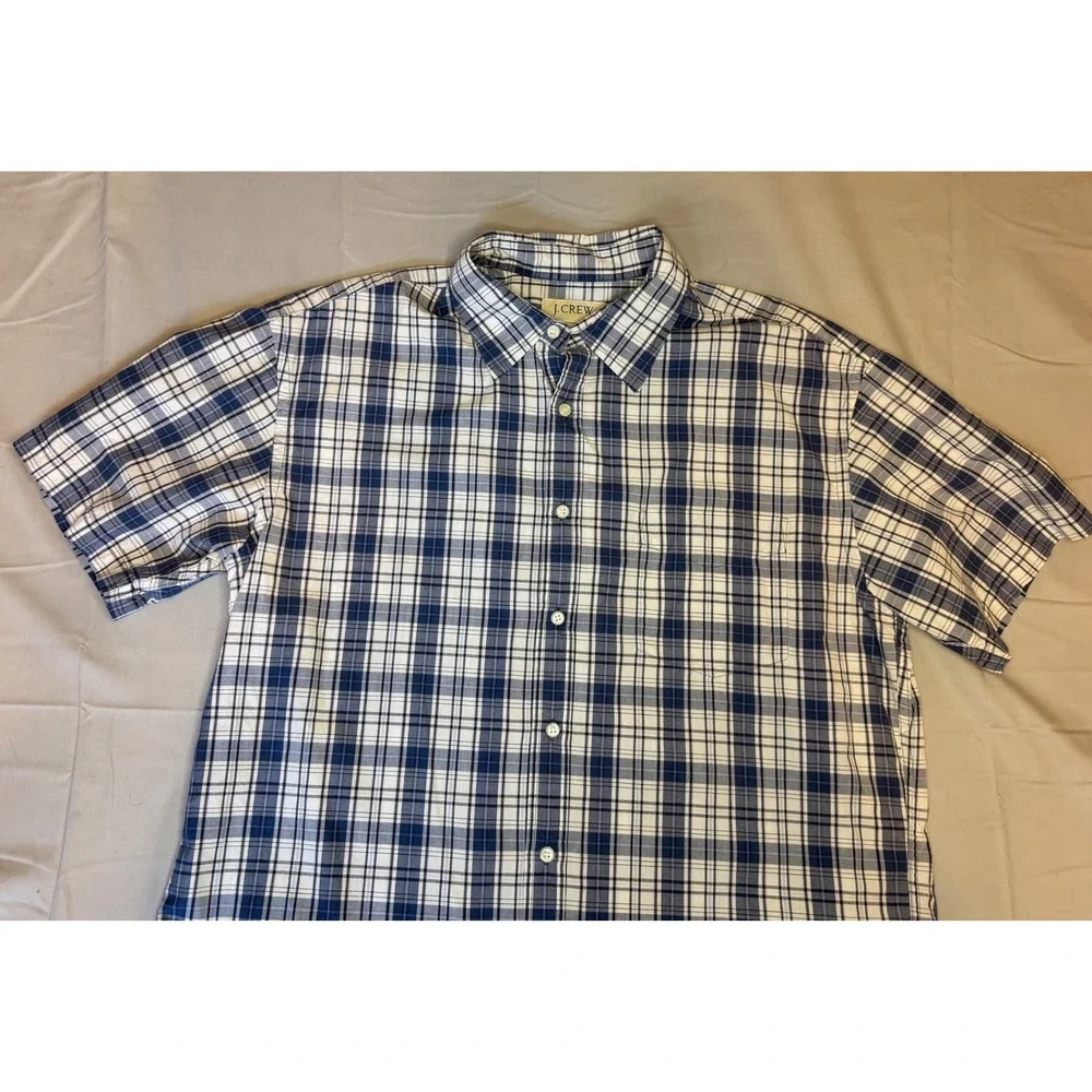 J. Crew Mens Blue White Plaid Short Sleeve Button Down Cotton Shirt Size L 60123